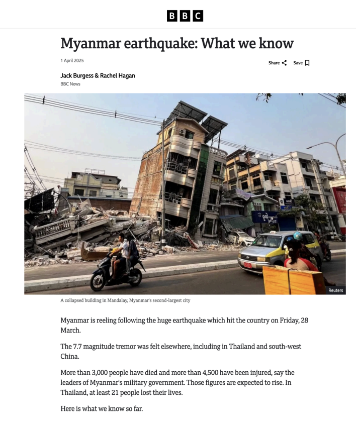Collapsed building in Mandalay city in Myanmar, Thailand. Source: BBC News