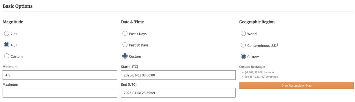 USGS Earthquake search settings