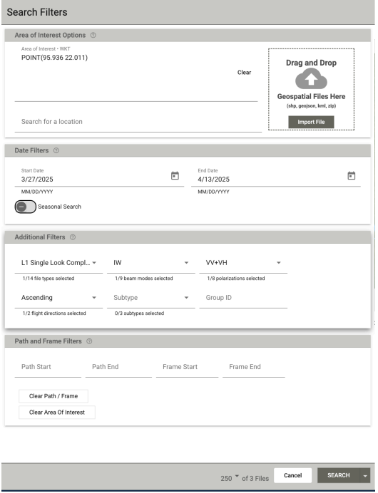 ASF Data search filter to download Sentinel-1 InSAR for the Study Area