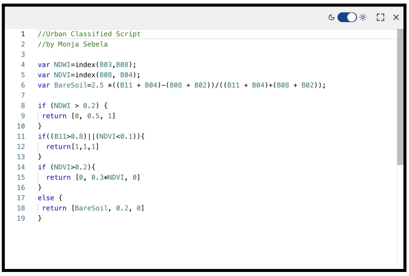 JavaScript code editor in Copernicus Browser showing the Urban Classified script for Sentinel-2 imagery analysis